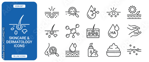 Set of skincare and dermatology line icons featuring hair follicles, skin layers, chemical structures, hyaluronic acid, and cosmetic products for beauty and health care treatments