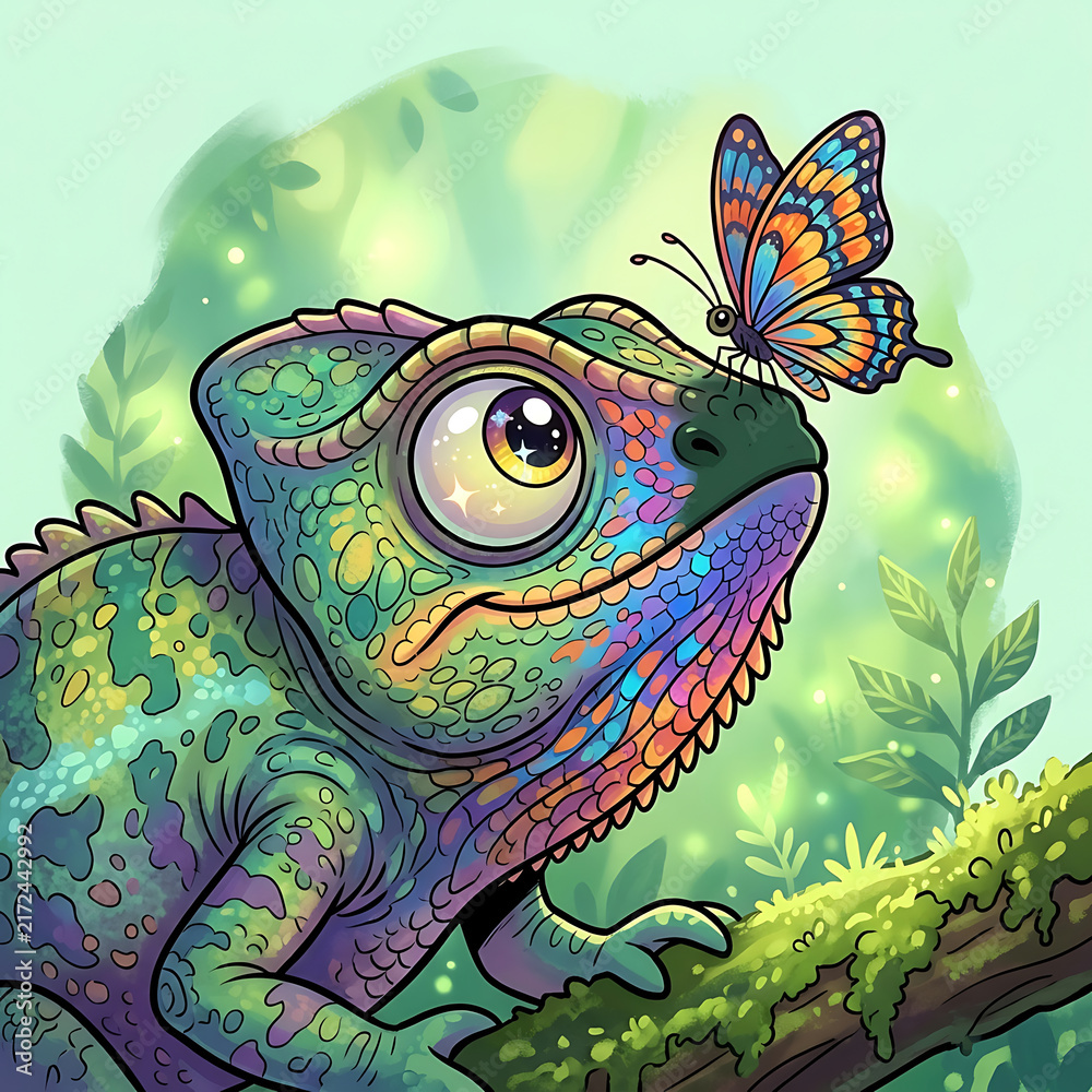Fototapeta premium Cute Colorful Chameleon Resting on a Tree Branch with a Small Butterfly Sitting on Its Nose