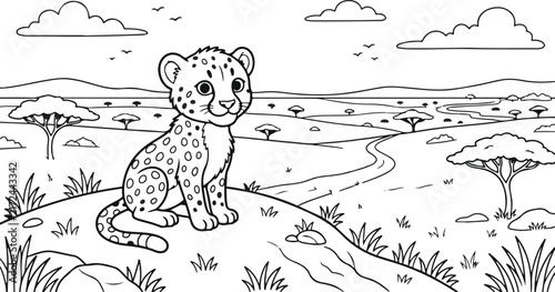 A black and white coloring page featuring a mother giraffe and her baby standing in the african savanna