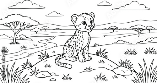 Cute cartoon hippopotamus resting by a pond in the african savanna landscape black and white coloring page illustration