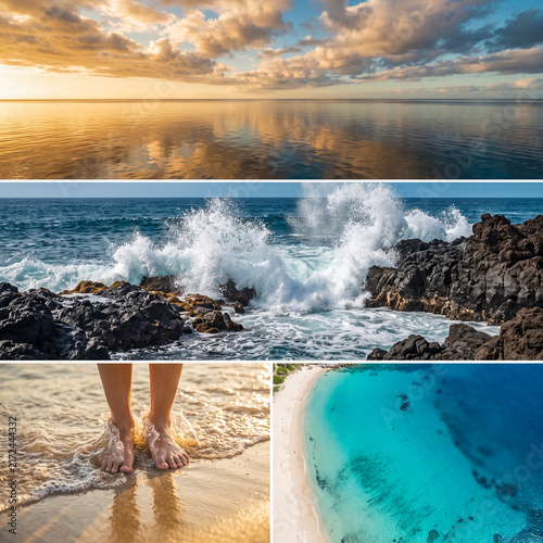Ocean views with waves crashing on rocks and sandy beach