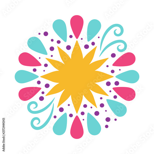 Colorful abstract starburst pattern with floral elements