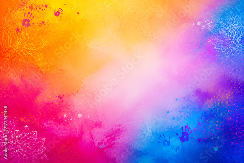 Abstract Vibrant Watercolor Background with Soft Powder Splatters Handprints and Floral Mandala Ornaments for Holi Festival Template Copy Space