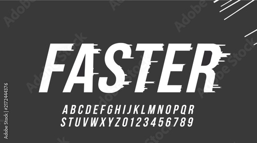 A stylish italic font named faster in white on a black background, with an accompanying alphabet and number set