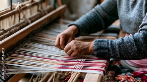 A person s hands carefully weaving colorful threads on a traditional wooden loom in a well lit workshop