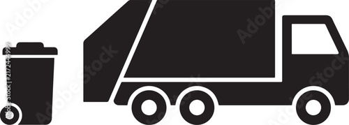 Black and white silhouette of a garbage truck and a wheeled waste bin garbage can rubbish bin trash truck