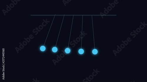 Glowing neon newton’s cradle physics animation: kinetic energy and momentum concept 4k motion