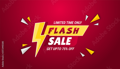 Flash sale banner with lightning bolt icon, limited time offer promotion vector, red and yellow discount poster for retail marketing