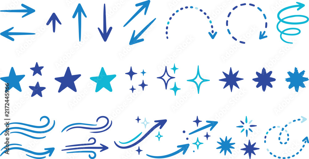 Fototapeta premium Set of blue hand drawn arrows, stars, sparkles, and wind wave symbols isolated on a black background, for and