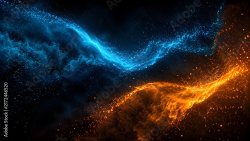 Abstract wave background featuring glowing blue and orange particles flowing