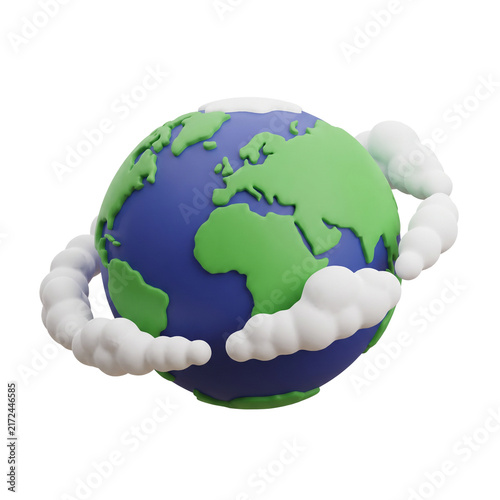 Planet earth globe with white atmospheric clouds illustration 3d render for world environment geography travel eco mobile game ui asset
