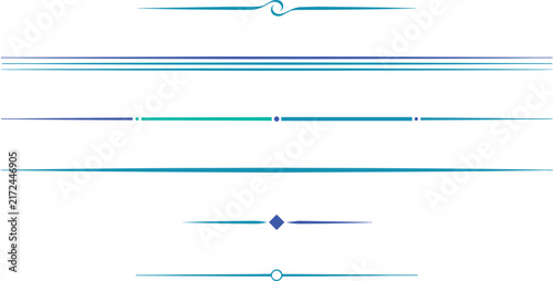 A collection of horizontal blue and teal decorative lines and dividers isolated on a white background, for and layout