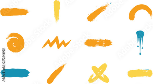 A collection of orange and blue paint brush strokes, swirls, and drips isolated on a white background, for and artistic projects
