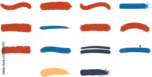 A collection of various orange, blue, and dark grey paint brush strokes and lines with textured edges isolated on a white background for