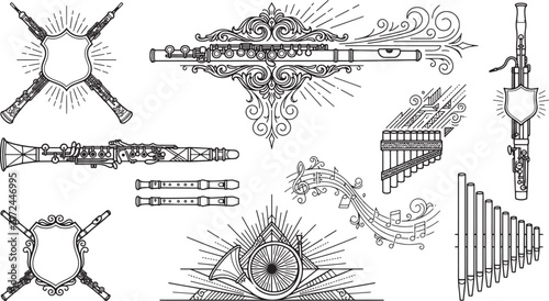 Set of musical instruments including flutes, clarinets, pan pipes, and horns with decorative shields and flourishes on a white background