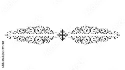 Intricate Black Filigree Ornament Divider: Ornamental Scrollwork Border Design.