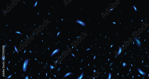 Blue fire flying sparks, abstract glowing embers floating, heat sparkles, flying flame cinder, bokeh fire texture. Vector illustration.