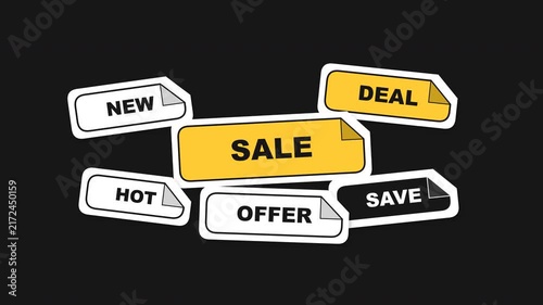 Kinetic word tag Animation with sale, deal, save and offer labels, elastic collision motion and 4Kseamless loop