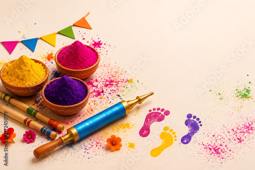 Creative Holi Festival Flatlay Composition with Bowls of Colorful Gulal Powder Pichkari Water Gun Wooden Sticks Colorful Footprints and Bunting Copy Space