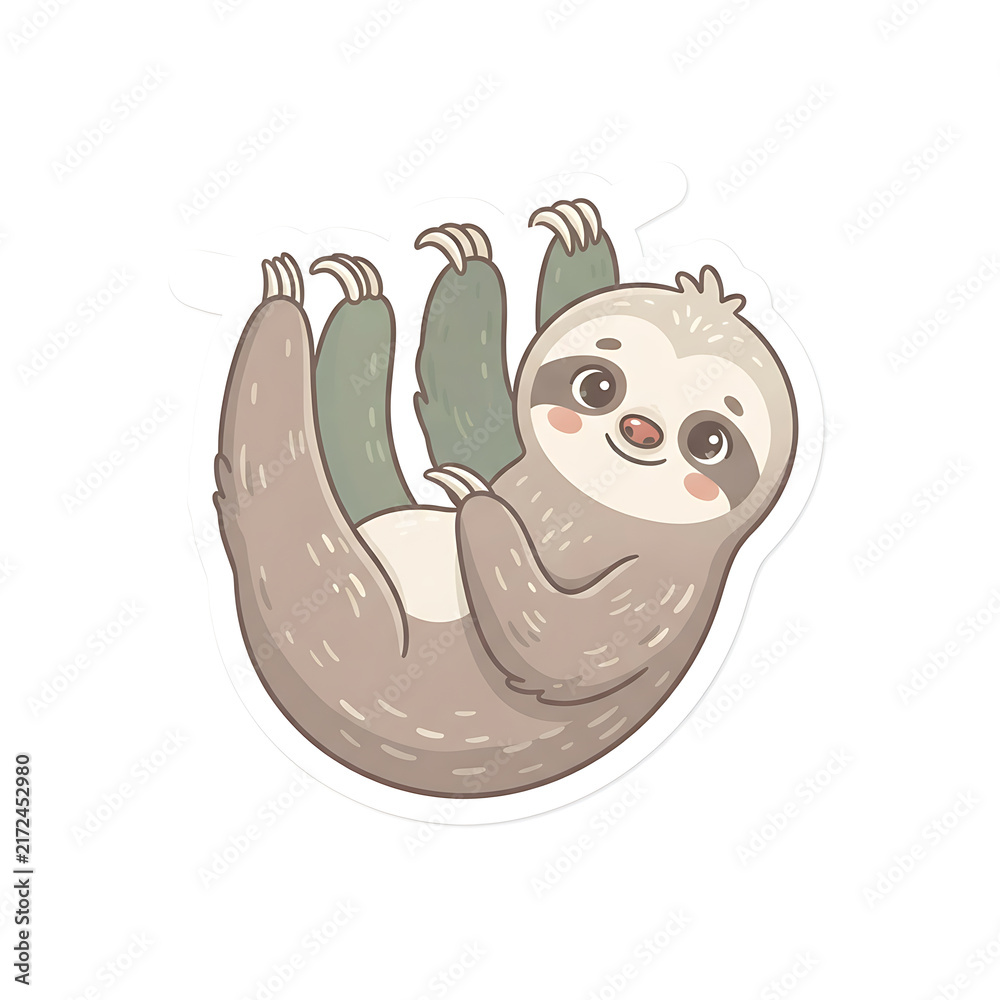 Naklejka premium Cute Kawaii Sloth Illustration Hanging on a Branch for Creative Stickers and Children Decor