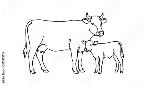 Mother Cow and Baby Calf Continuous Line Art Vector