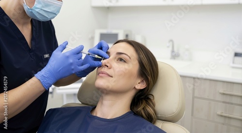 Medical professional administering a dermal filler injection into a woman's nose. Female patient undergoing non surgical rhinoplasty in a cosmetic clinic