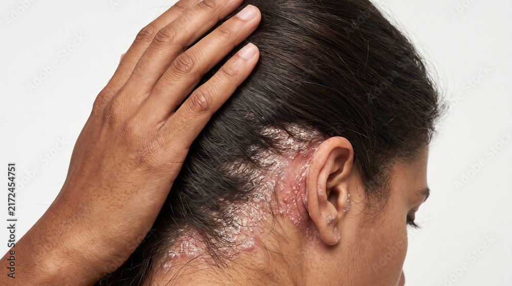 Fototapeta premium Macro Photograph of Severe Scalp Psoriasis and Plaque Lesions Near the Hairline and Ear During Clinical Dermatological Inspection