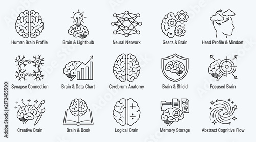 Grid of brain icons depicting neurology and cognitive function silhouette