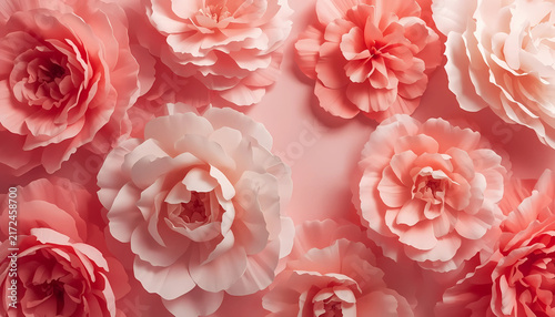Pink and white paper peony flowers composition flat lay with pink background paper art floral arrangement handmade flowers decorative flowers paper craft
