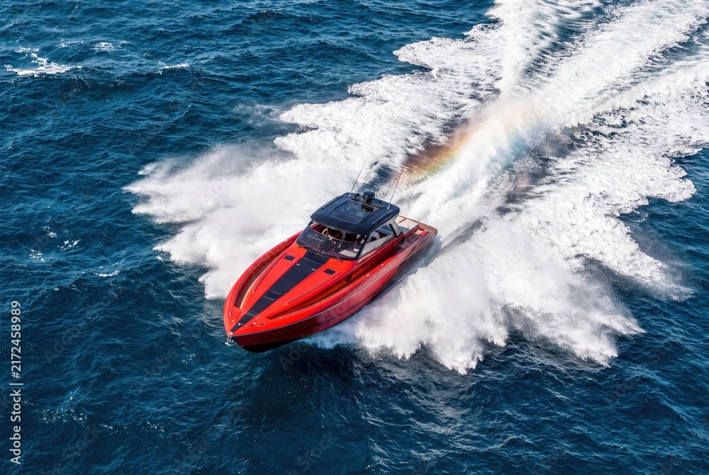 Obraz premium Fast red luxury motorboat cruising on ocean water with wave spray top