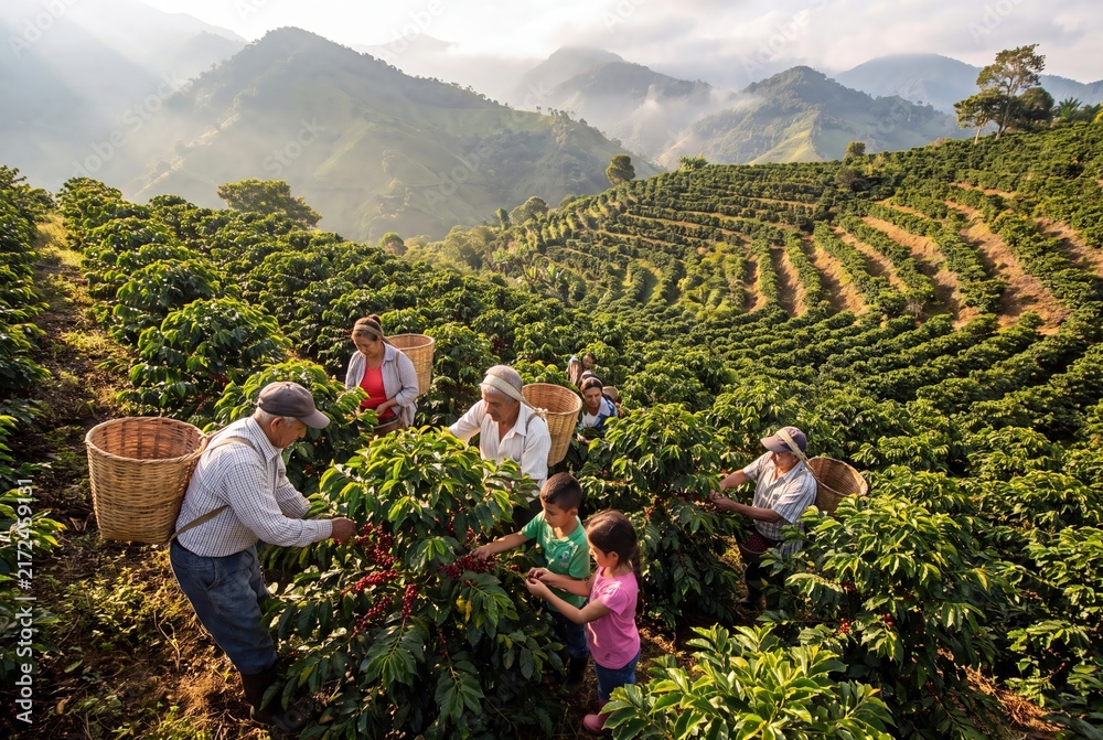 Obraz premium Coffee harvest family workers picking beans on mountain plantation farm