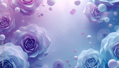 Abstract purple and blue paper roses with floating spheres background paper art abstract flowers floral background decorative roses paper craft abstract