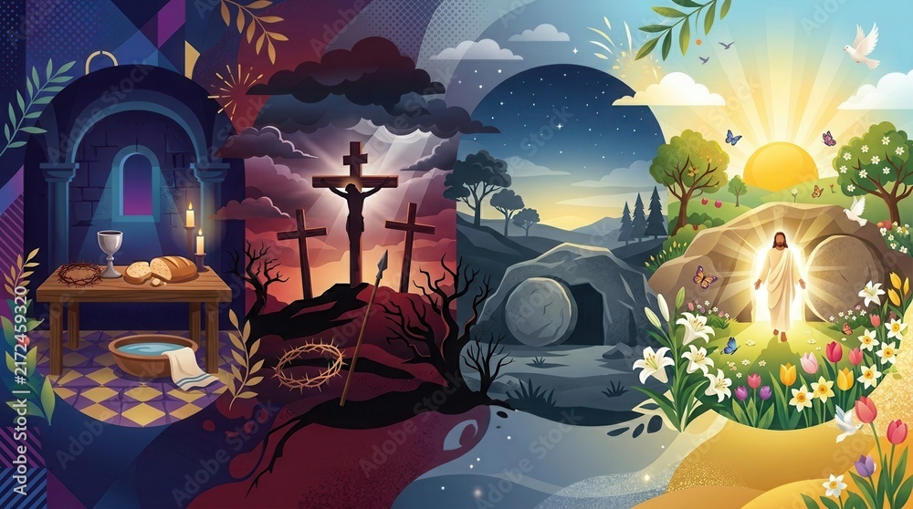 Naklejka premium Themed duality: last supper and resurrection in vibrant spiritual art