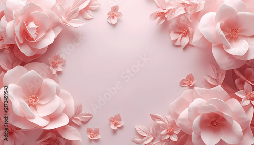 Pink paper craft flowers frame border on light pink background with flower border paper art handmade flowers decorative flowers floral frame copy space