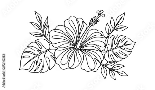 Tropical Hibiscus Botanical One Line Art Vector Illustration