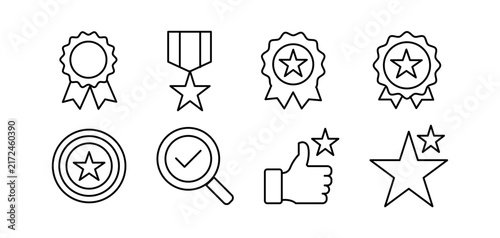 Quality Control Thin Line Icon Set with Feedback Rating Approval and Certification Symbols.