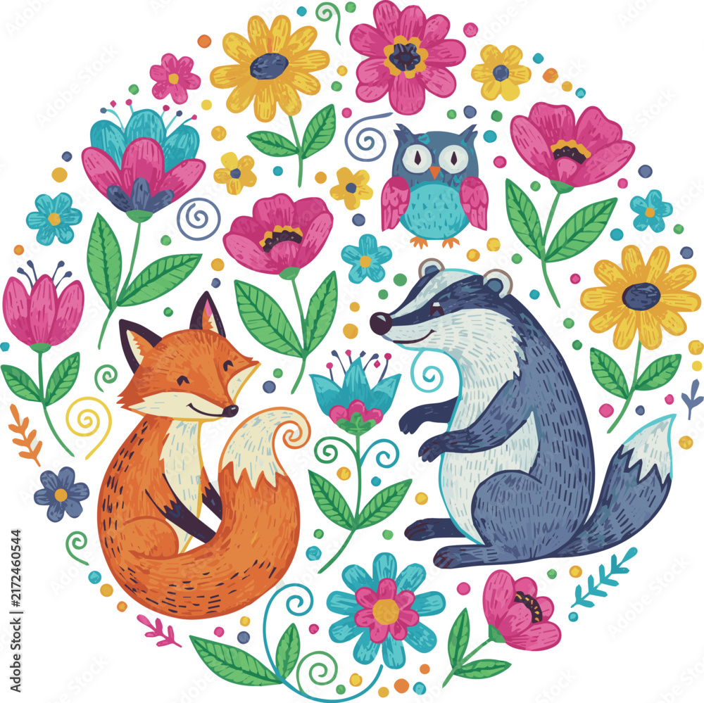 Obraz premium Created on A Hand drawn whimsical embroidered design of animals and flowers in vibrant colors with vector art on white background