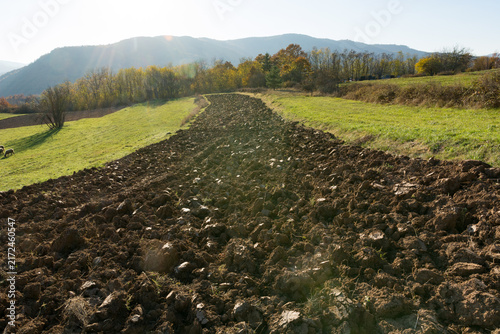 Freshly plowed agricultural field at sunset with sun rays and lens flare
