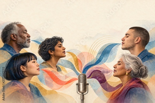 Diverse Multigenerational Vocal Ensemble Singing in Harmony Around a Studio Microphone with Colorful Sound Waves. AI generative