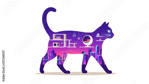 Stylized Purple Cat Silhouette with Neon Cityscape and Interior Design Double Exposure Concept Art