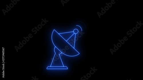 Neon glowing satellite dish tower network icon animation on black background. Network Wave Signal Animation