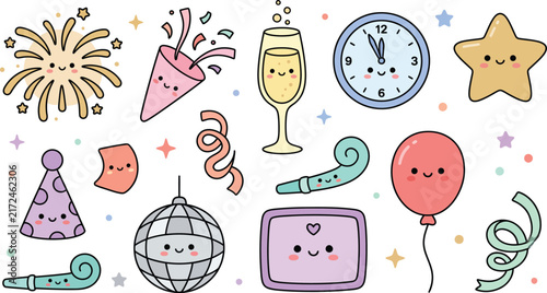 Kawaii New Year doodle illustration with festive elements and cute hand drawn characters.