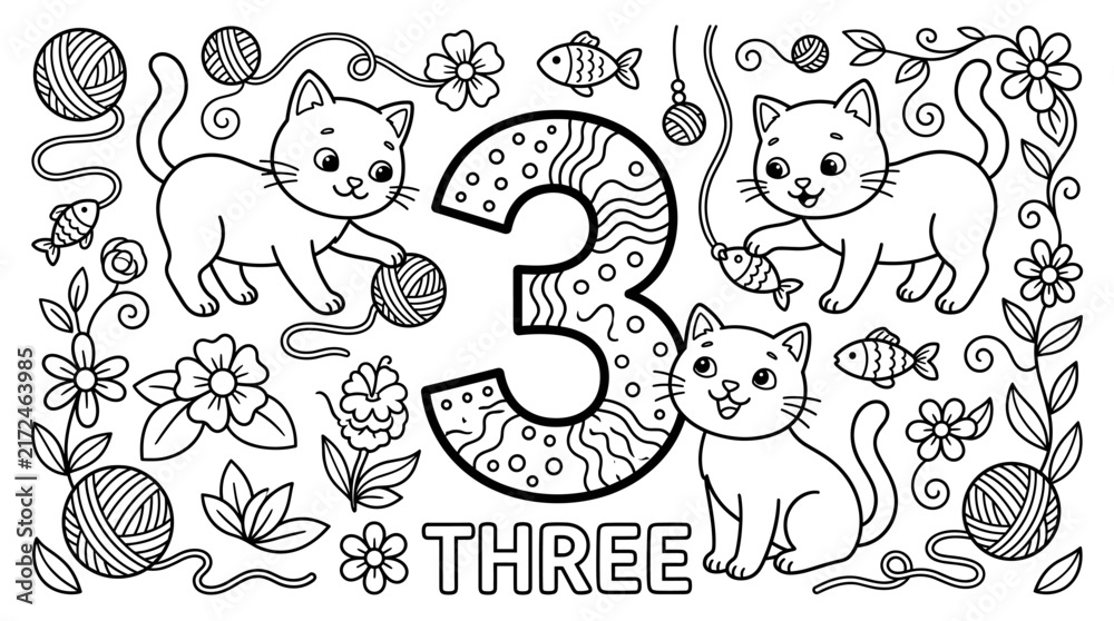 Fototapeta premium Coloring Page Number Three with Cute Kittens and Yarn Balls