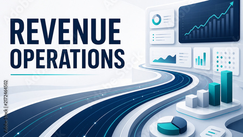 Modern revenue operations concept featuring analytics dashboards, rising charts, data visualizations, and a futuristic business growth interface.