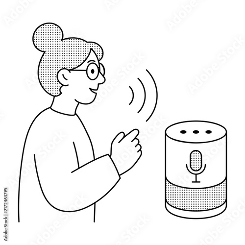 Принти на полотні A woman speaks toward a smart speaker with sound waves, illustrating a voice assistant responding to spoken commands through digital audio interaction