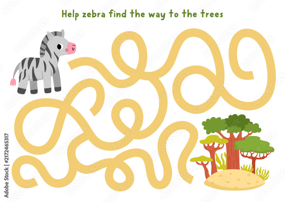 Naklejka premium Safari maze for children with zebra going to acacia and baobab tree forest. Savanna labyrinth game for kids. Savannah printable activity, worksheet with cute African animal. Funny nature page