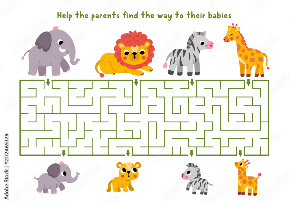 Naklejka premium Safari maze for children with animals parents going to their babies. African savanna labyrinth game. Savannah printable activity, worksheet with cute elephant, lion, giraffe, zebra and children
