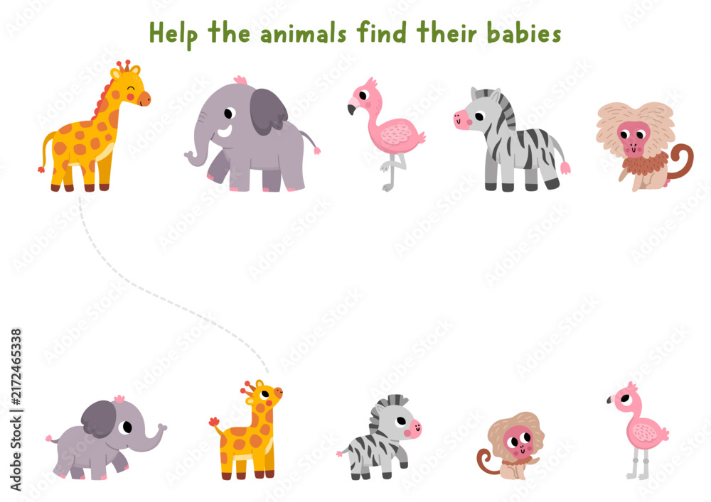 Naklejka premium Savannah matching activity with cute animals and their babies. Safari puzzle with giraffe, elephant, flamingo, zebra, monkey. African savanna match object game with parents and children