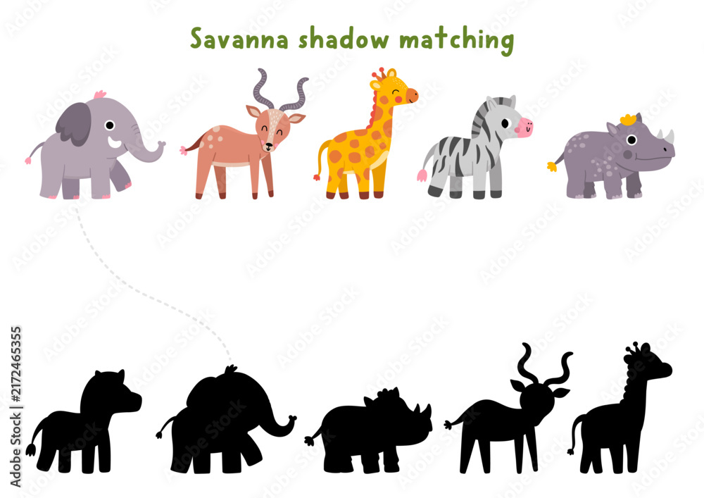 Naklejka premium Savanna shadow matching activity with wild animals. Safari puzzle with elephant, antelope, giraffe. African savannah find correct silhouette printable worksheet, game with zebra, rhinoceros