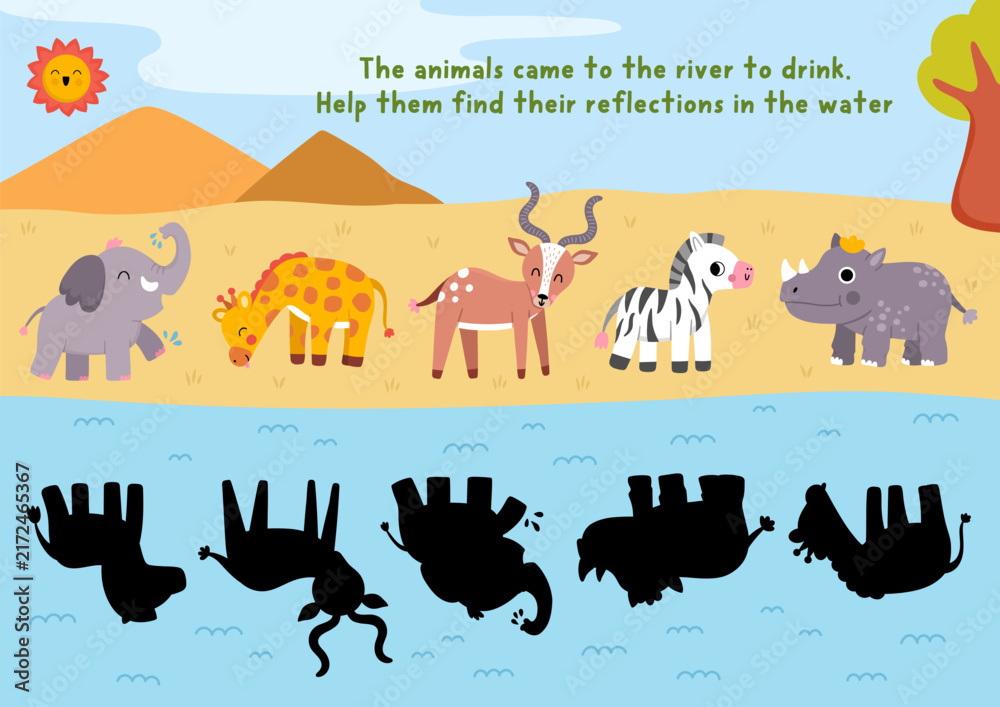 Fototapeta premium Savanna shadow matching activity with animals looking for their reflections in water. Safari puzzle with elephant, giraffe, zebra. African savannah find correct silhouette printable worksheet, game